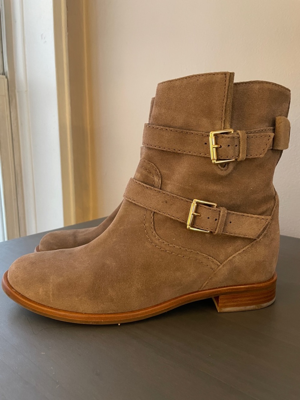 kate spade Tan Suede Ankle Boots with Gold Buckles